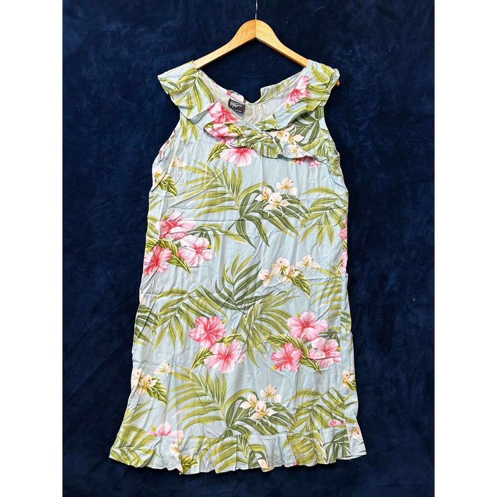 Vintage Shannon Marie Hawaiian Dress XL Blue Floral Rayon Ruffle Hem Vacation